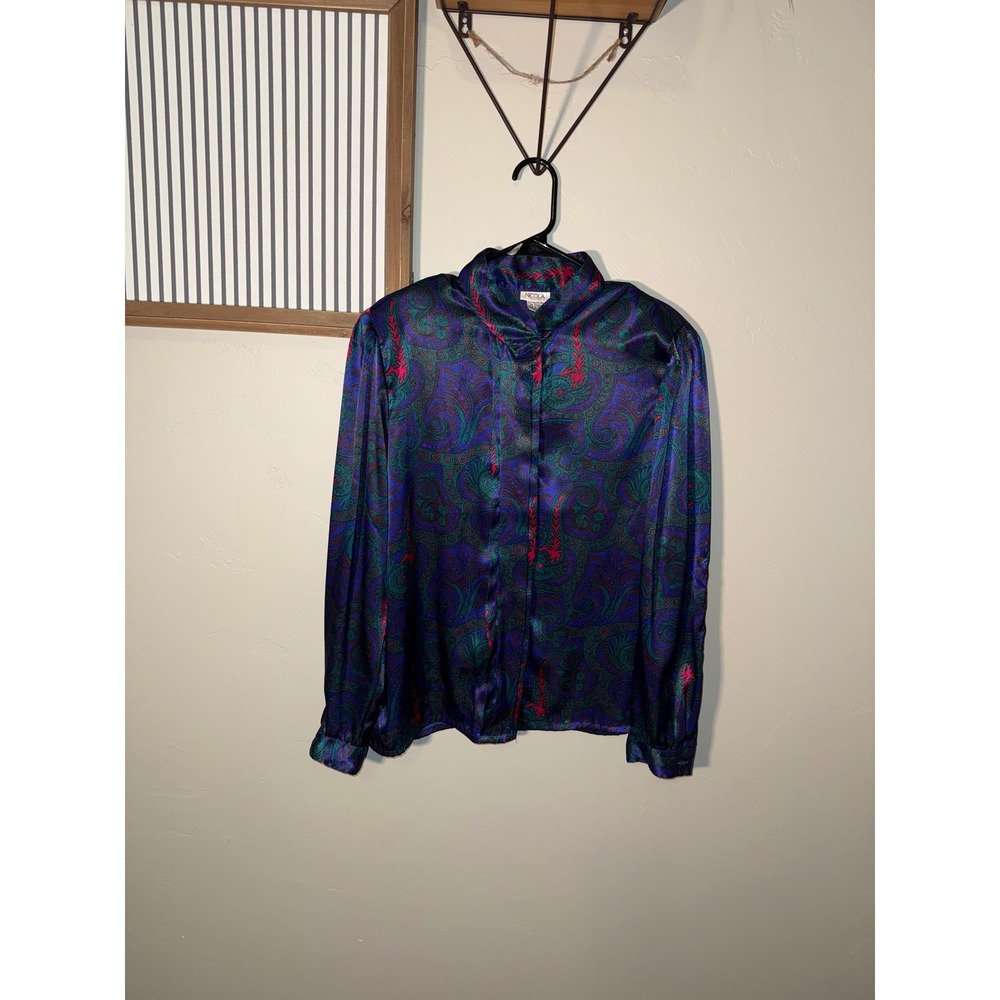 Nicola‎ Vintage Paisley Satin Blouse Purple Teal Mock Neck Long Sleeve Size 12